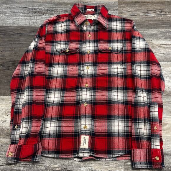 Vintage Y2K Abercrombie & Fitch Red Tartan Plaid Mens M Muscle Fit Flannel Shirt - Picture 1 of 9